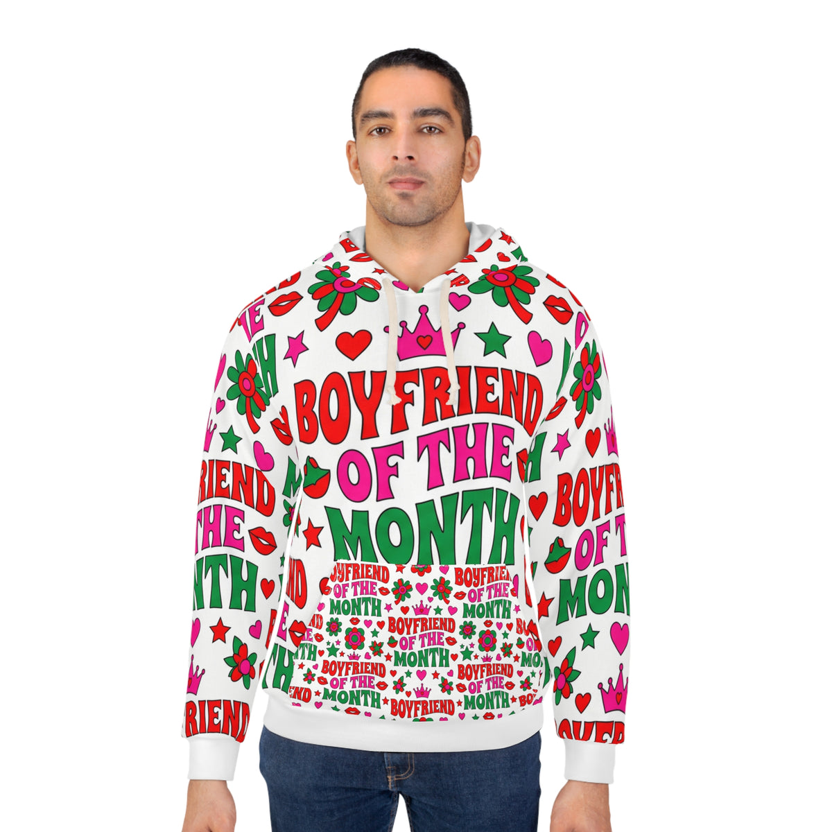 Boyfriend of the Month Hoodie – Playful Valentine's All-Over Print Pullover
