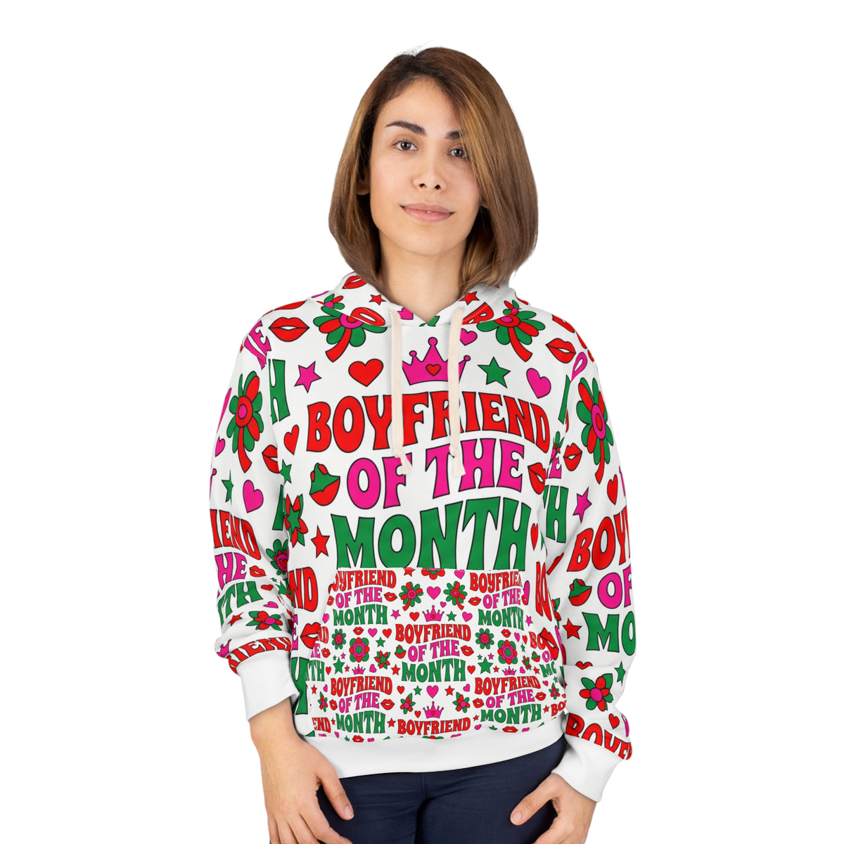 Boyfriend of the Month Hoodie – Playful Valentine's All-Over Print Pullover