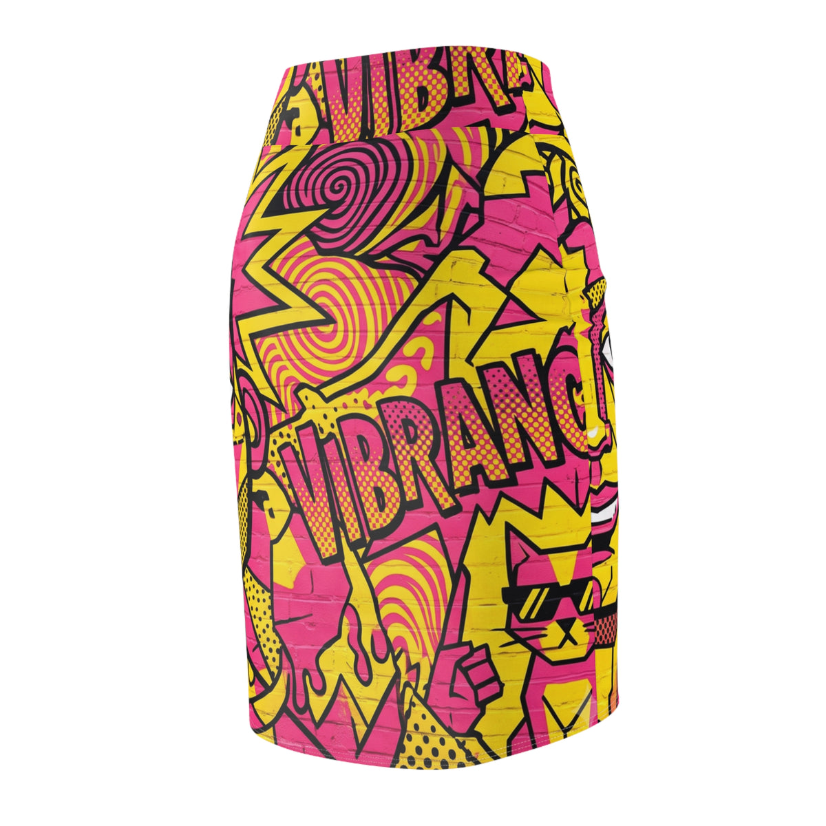 Vibrant Pop Art Pencil Skirt — Bold Pink & Yellow Graphic 'VIBRANT' Design