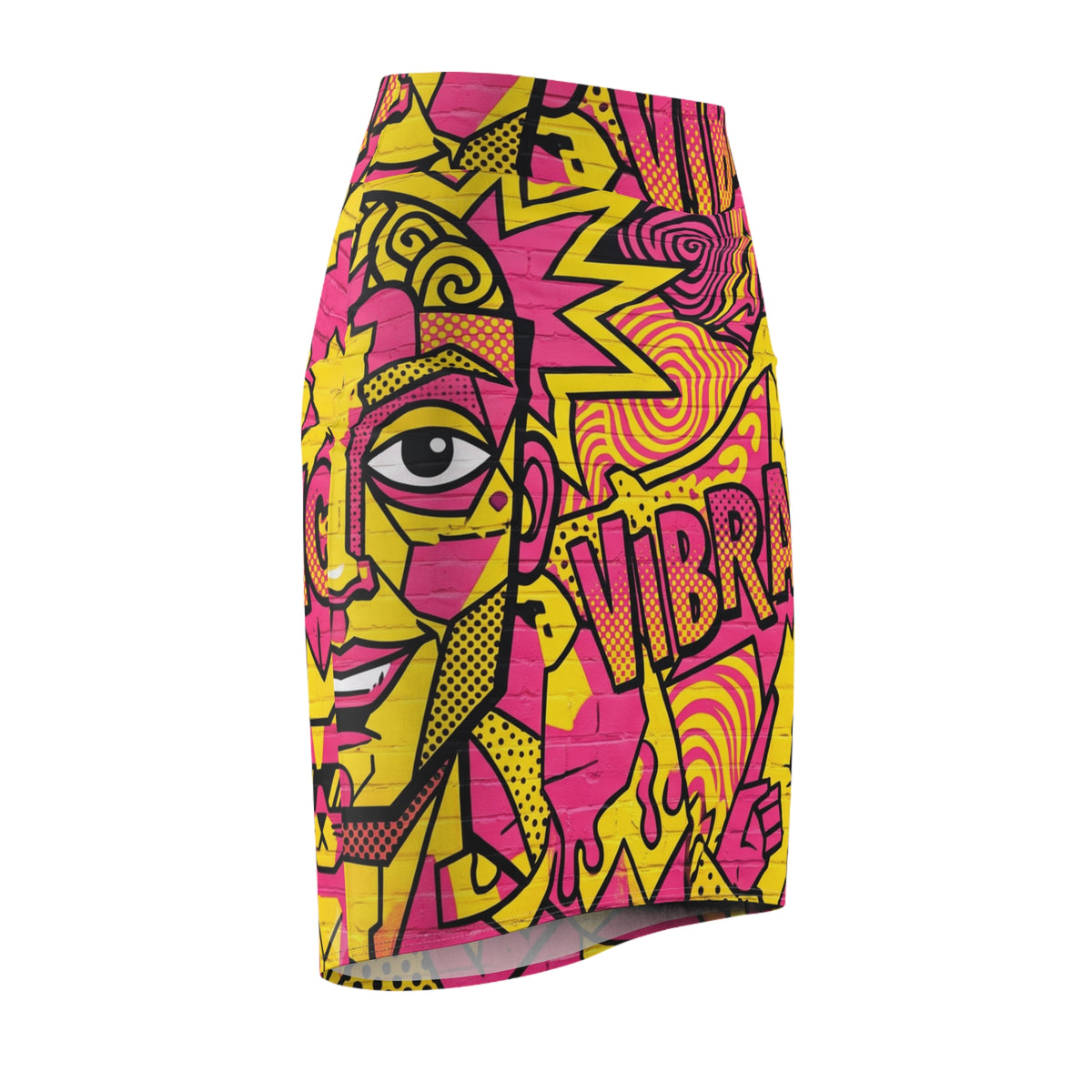 Vibrant Pop Art Pencil Skirt — Bold Pink & Yellow Graphic 'VIBRANT' Design