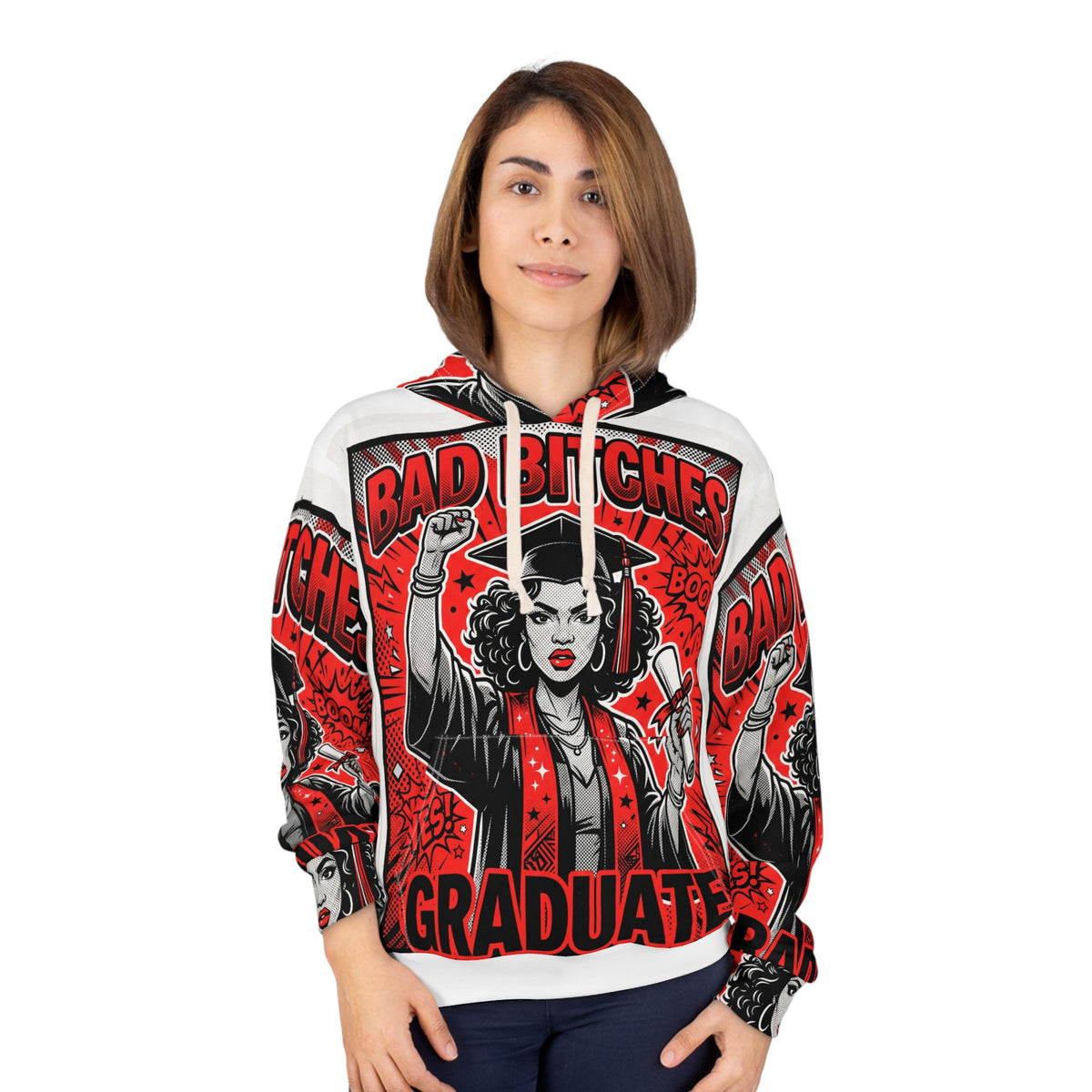 Graduate Hoodie — “Bad Bitches Graduate” Bold Red Celebration Pullover