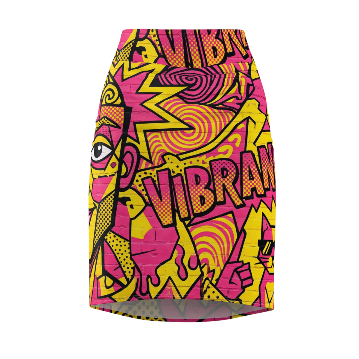 Vibrant Pop Art Pencil Skirt — Bold Pink & Yellow Graphic 'VIBRANT' Design