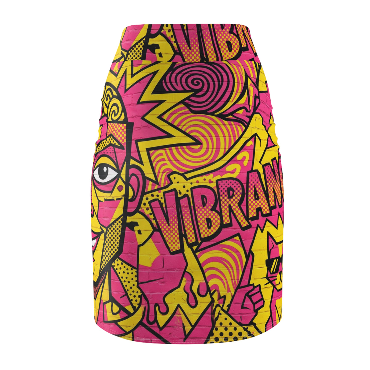 Vibrant Pop Art Pencil Skirt — Bold Pink & Yellow Graphic 'VIBRANT' Design