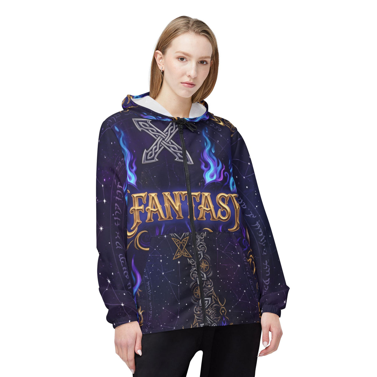 Fantasy Magic Windbreaker Jacket — Mystical Rune AOP Hooded Coat