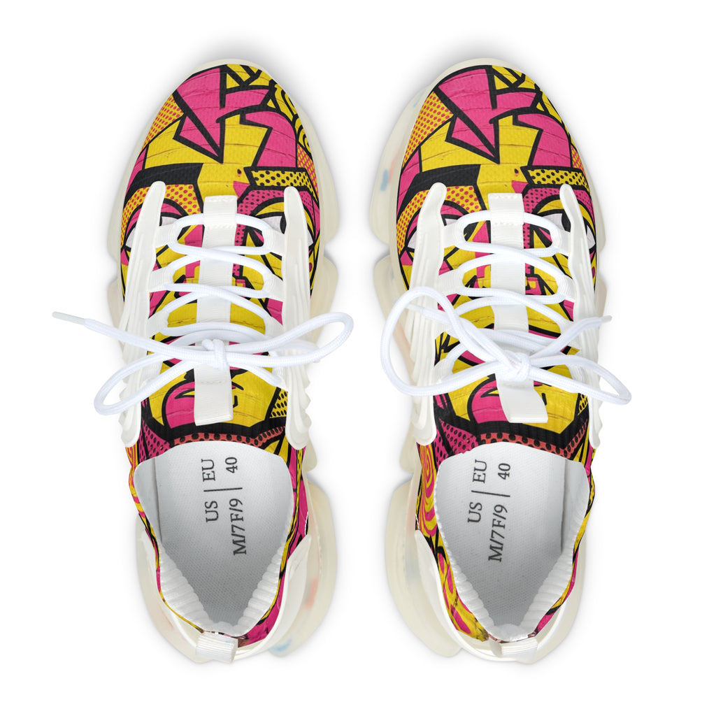 Women’s Mesh Sneakers — Vibrant Pink & Yellow Geometric Athletic Shoes