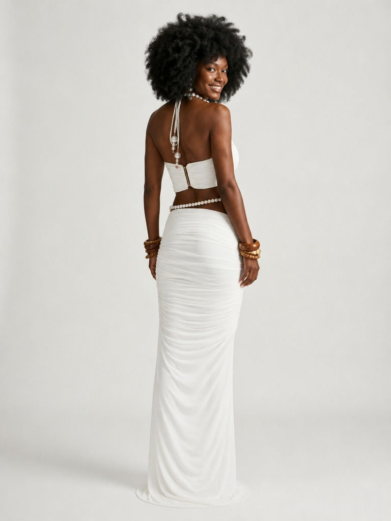 Elegant Pearl Ruched Two-Piece Set