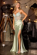Soft Satin Sheath Prom Dress w/ Beaded Sheer Corset Bodice & Lace Up Back CDCD686